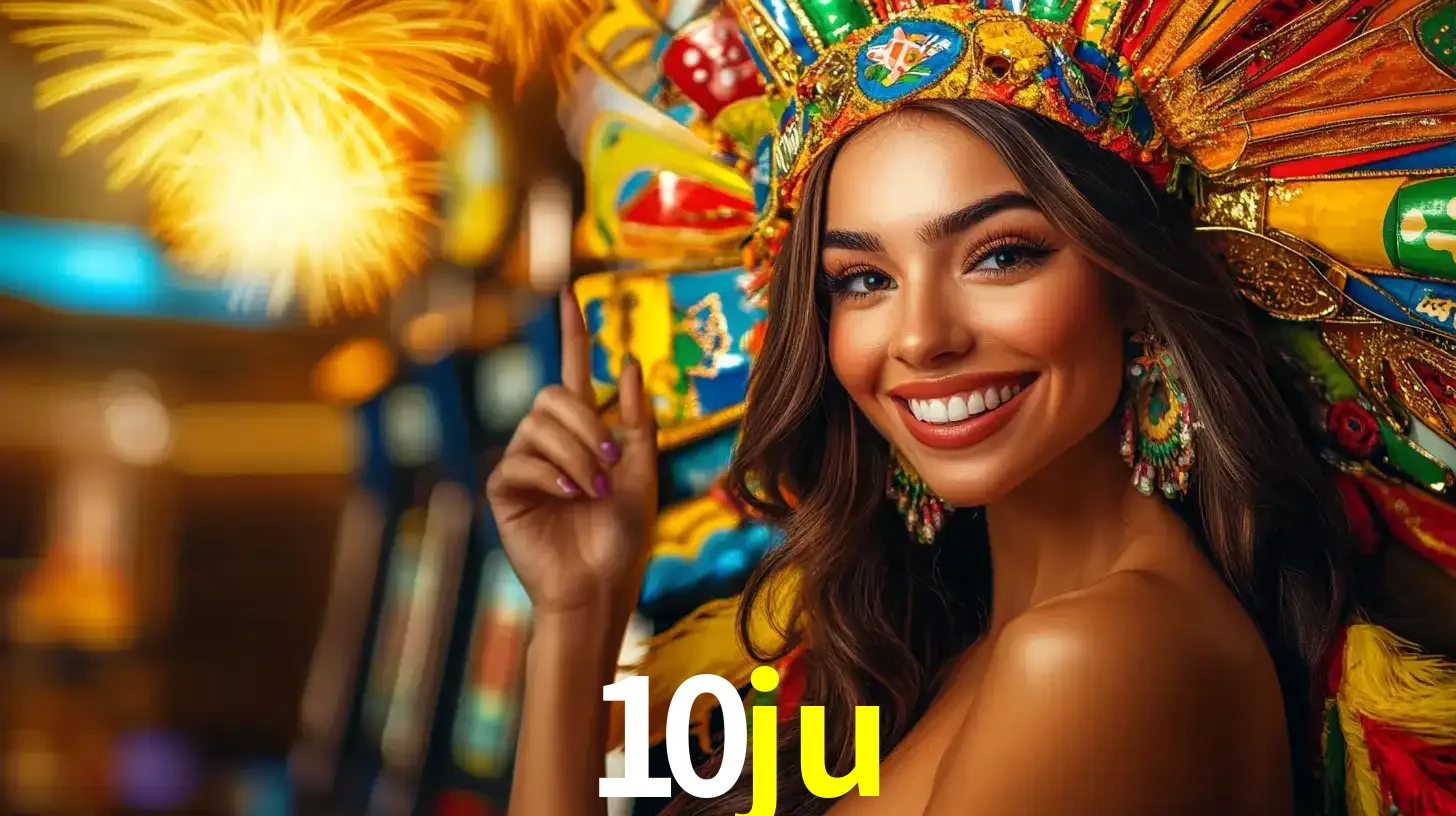 Mulher sorridente com um cocar de carnaval vibrante e colorido, celebrando uma grande vitória nos jogos do cassino 10ju com fogos de artifício ao fundo.