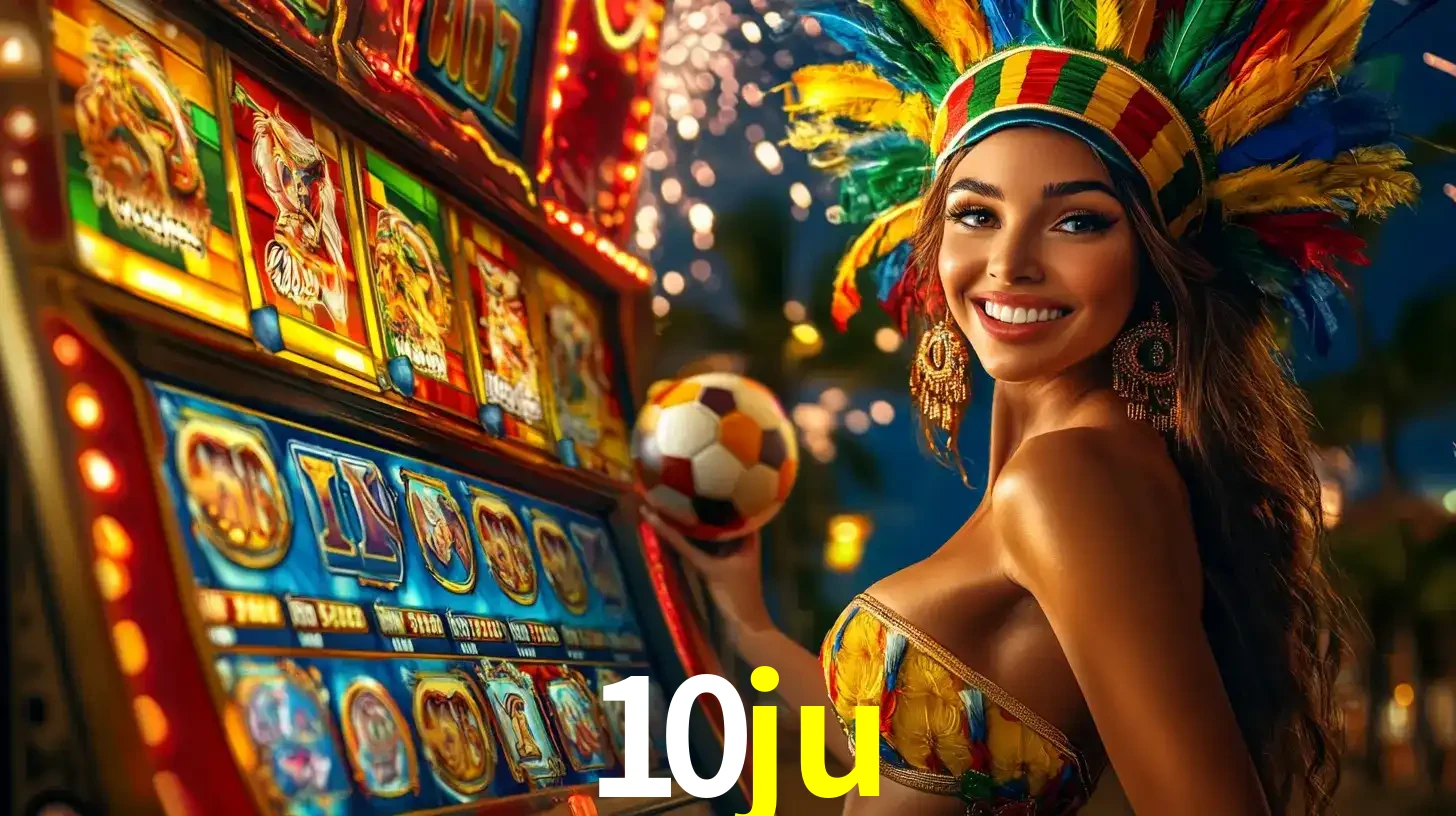 Mulher com um cocar de carnaval ao lado de uma máquina de caça-níqueis enquanto segura uma bola de futebol, mostrando a união da diversão de cassino e esportes no 10ju.