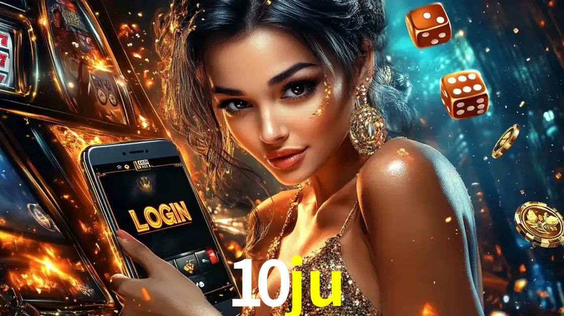 Mulher glamourosa segurando um celular com a tela de login do cassino 10ju, rodeada por dados e moedas douradas, pronta para começar a diversão.
