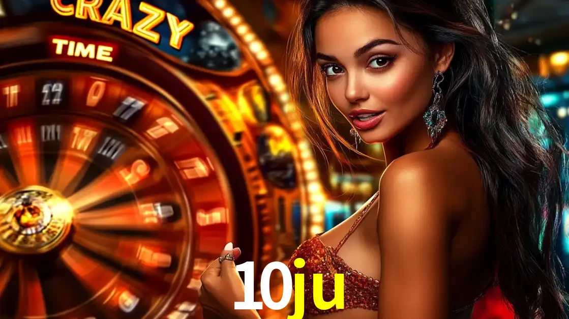Mulher ao lado da roda de prêmios do jogo de cassino ao vivo Crazy Time, um dos shows de jogos mais emocionantes oferecidos pela plataforma de apostas 10ju.