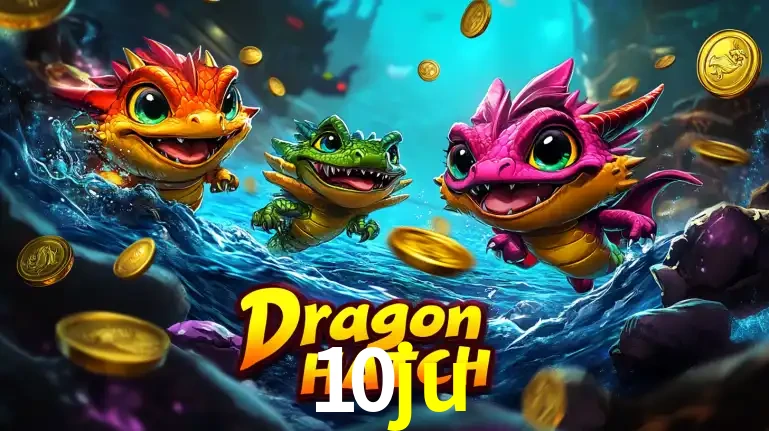Arte promocional do jogo Dragon Hatch com três adoráveis dragões bebês nadando entre moedas de ouro, um dos slots mais divertidos para jogar no cassino 10ju.