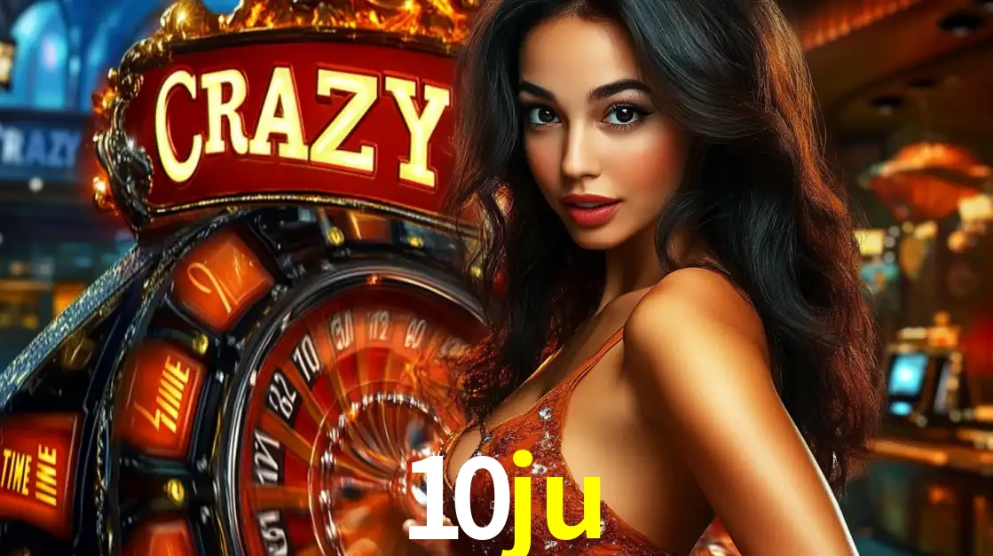 Mulher glamourosa olhando para a câmera com a roda vermelha do Crazy Time ao fundo em um ambiente de cassino, destacando a emoção dos jogos ao vivo no 10ju.