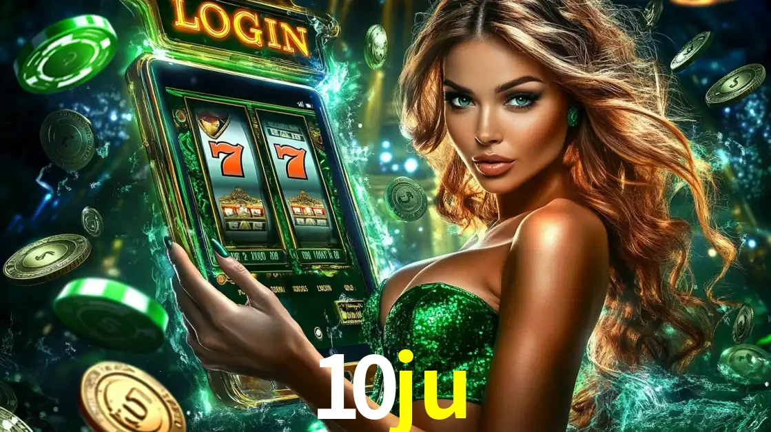Mulher com tema verde apresentando o aplicativo do cassino 10ju com um jogo de slot de 777, cercada por fichas de cassino e uma aura de sorte.