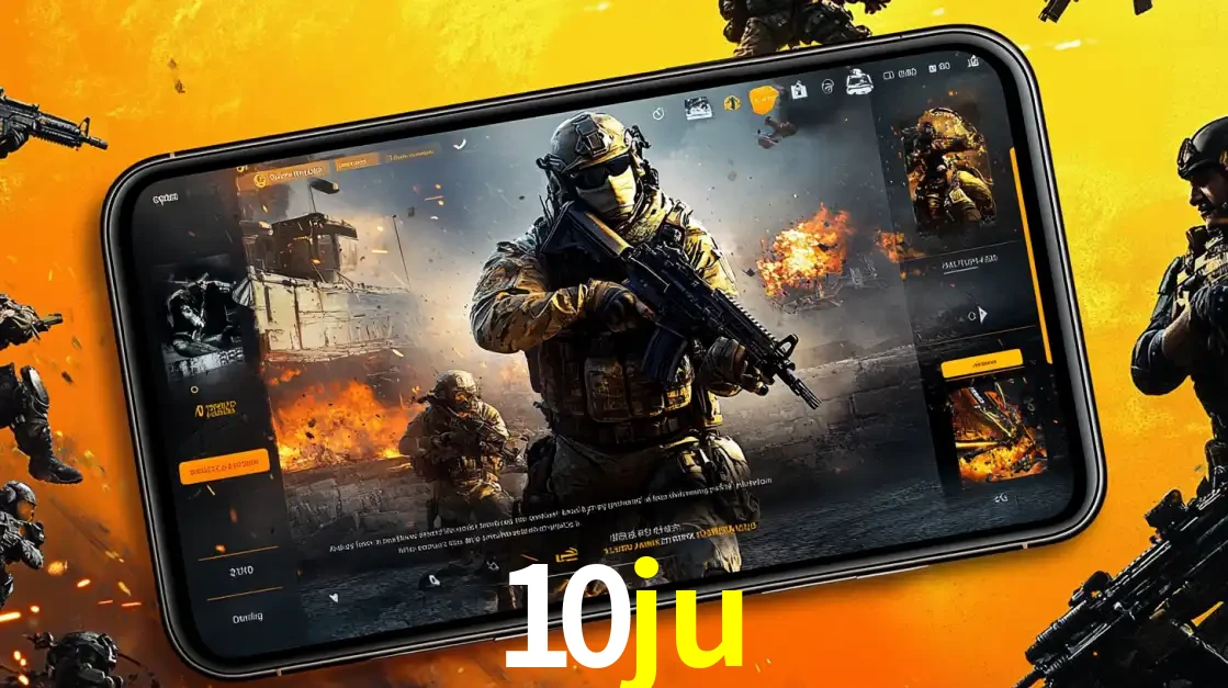 Um smartphone exibindo a interface de um jogo de tiro em primeira pessoa, com um soldado em um cenário de batalha, representando a ação dos e-sports para apostar no 10ju.
