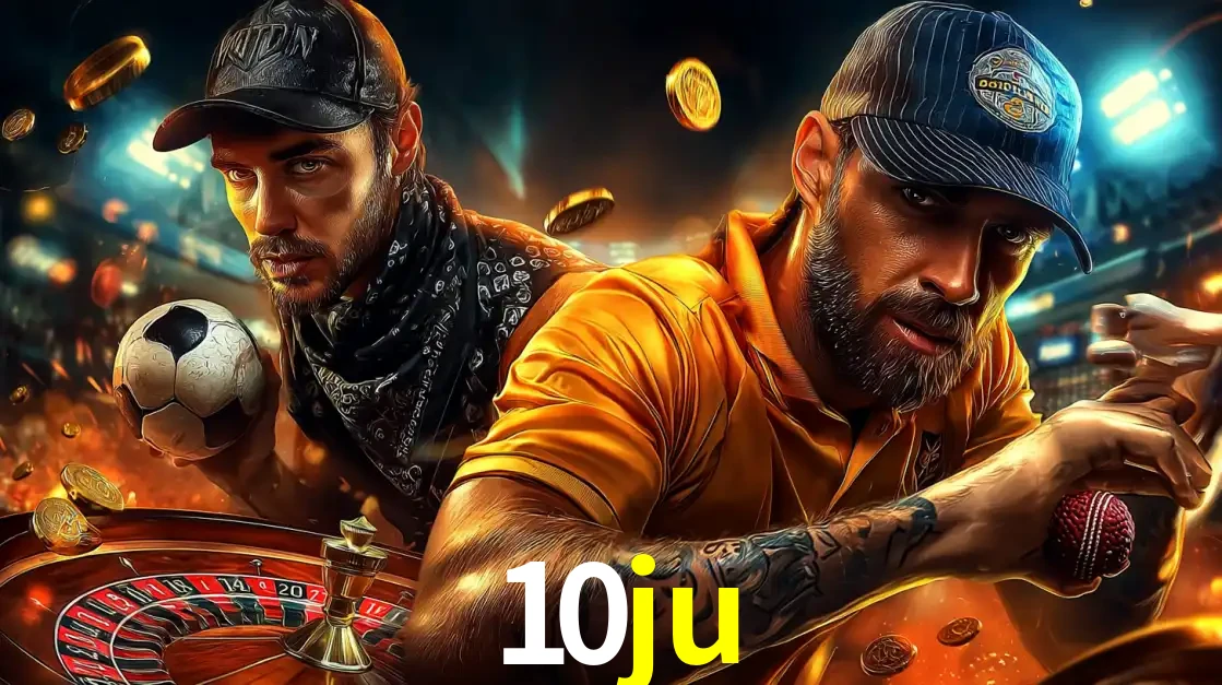 Montagem de apostas esportivas e cassino no 10ju, com um homem segurando uma bola de futebol e outro uma de beisebol sobre uma roleta e moedas voadoras.