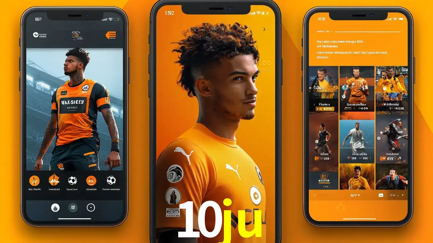 Interface do aplicativo de apostas esportivas 10ju em três telas de celular, mostrando o perfil de um jogador de futebol e a lista de jogos disponíveis para apostar.