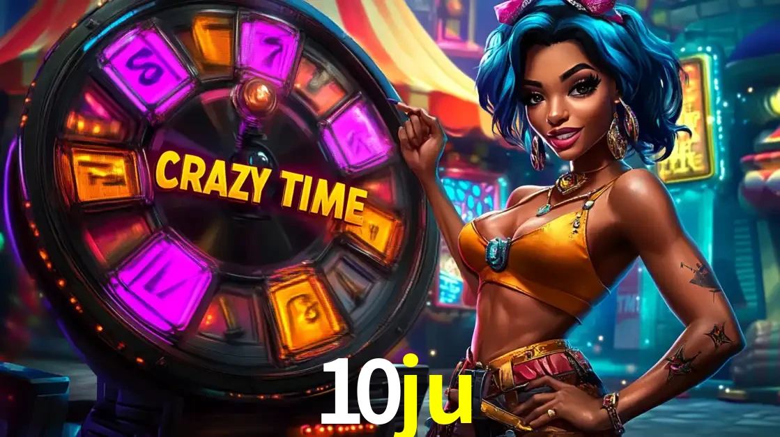 Mulher estilizada com cabelo azul e visual vibrante posando ao lado da roda de prêmios do game show Crazy Time, convidando para a diversão e os bônus do cassino 10ju.