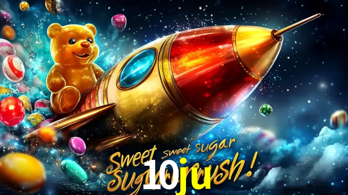 Arte promocional do jogo de slot Sugar Rush, com um urso de pelúcia em um foguete viajando pelo espaço de doces, um dos jogos divertidos disponíveis no cassino 10ju.