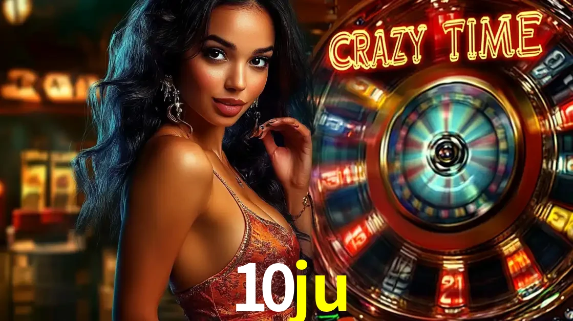 Mulher elegante ao lado da vibrante roda da fortuna do jogo de cassino ao vivo Crazy Time, um dos game shows mais populares e cheios de prêmios do 10ju.