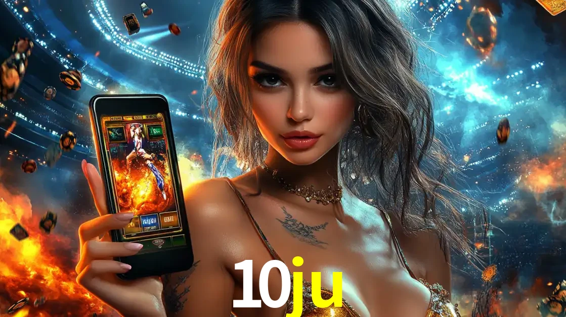 Mulher segurando um celular com um jogo de slot em destaque, tendo como fundo um estádio vibrante, simbolizando a emoção de jogar no cassino móvel 10ju.