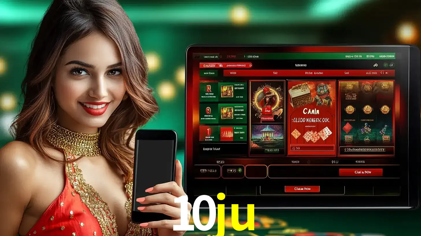 Mulher sorridente segurando um smartphone, ao lado de uma tela exibindo o lobby de jogos do cassino online 10ju, com várias opções de jogos de cartas e slots.